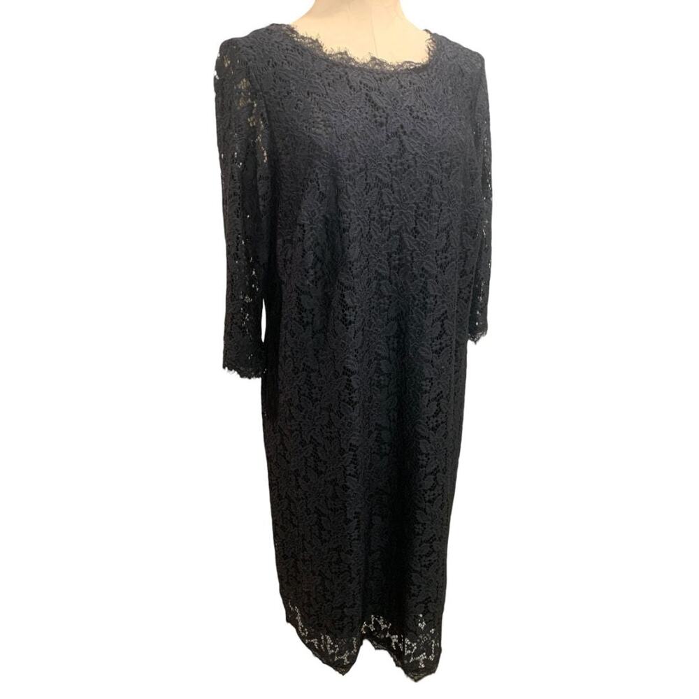 Size 18W Roamans Black Stretch Lace Overlay Dress 3/4 Unlined Sleeve